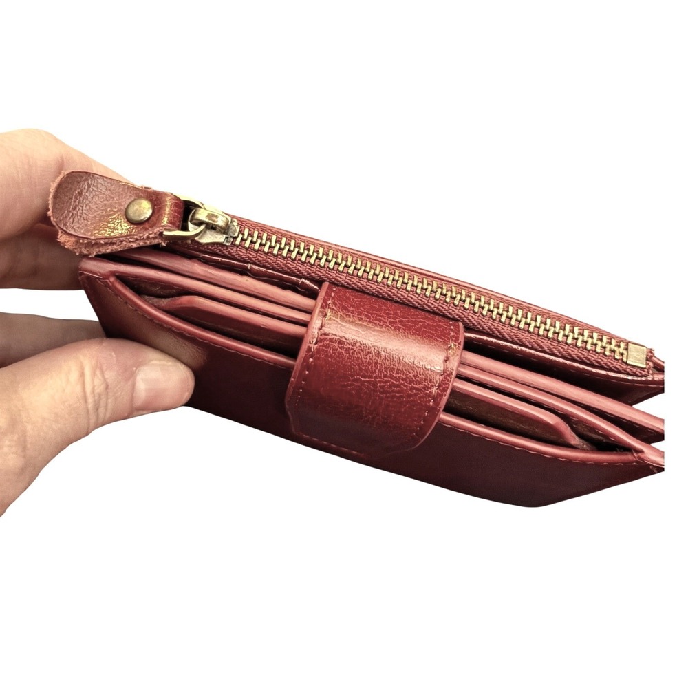Burgundy Leather Bifold Wallet Small Snap Closure RFID Blocking Bifold